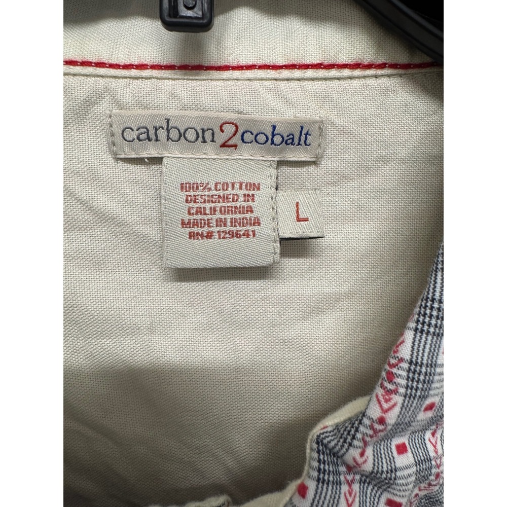 Carbon2Cobalt Mens Large Grey Red Geometric‎ Plaid Cotton Button Down Shirt L - Picture 2 of 6